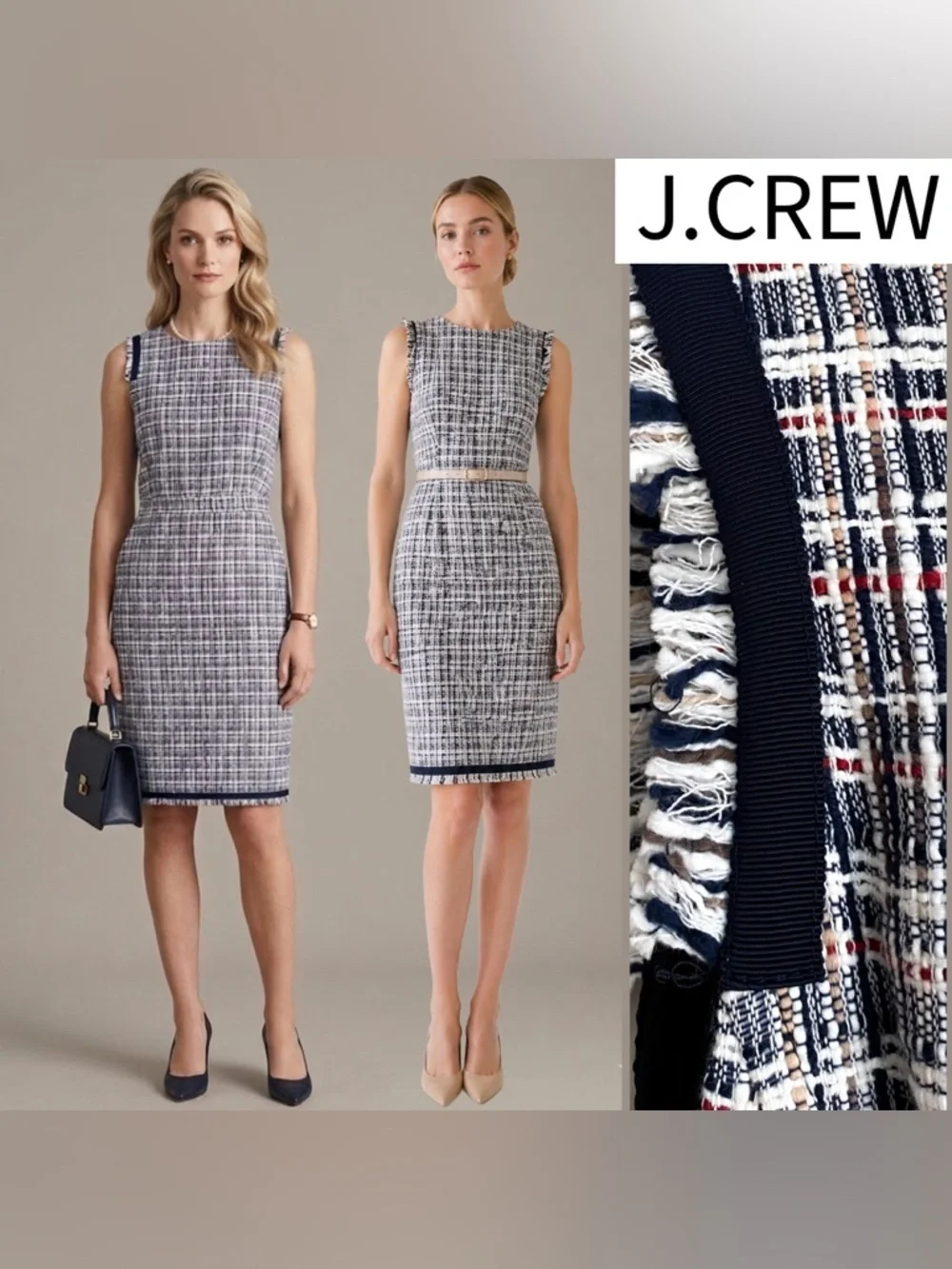 J.Crew Navy Red Fringe Tweed Sheath Dress Formal Preppy Old Money Sleeveless 10